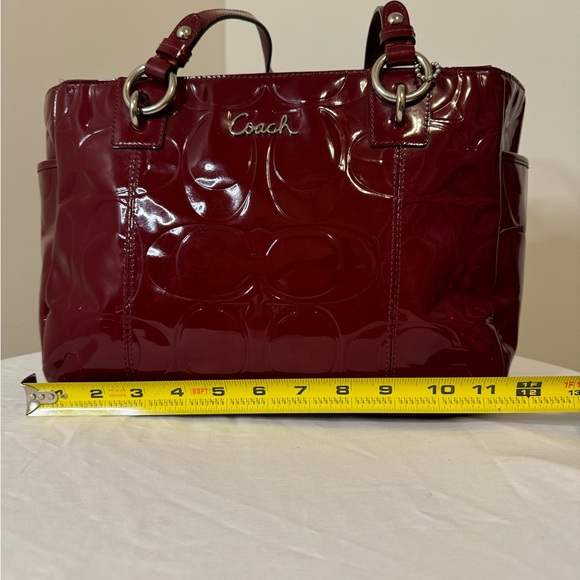 Coach Embossed Signature Burgundy Patent Leather Shoulder Bag - Picture 13 of 16